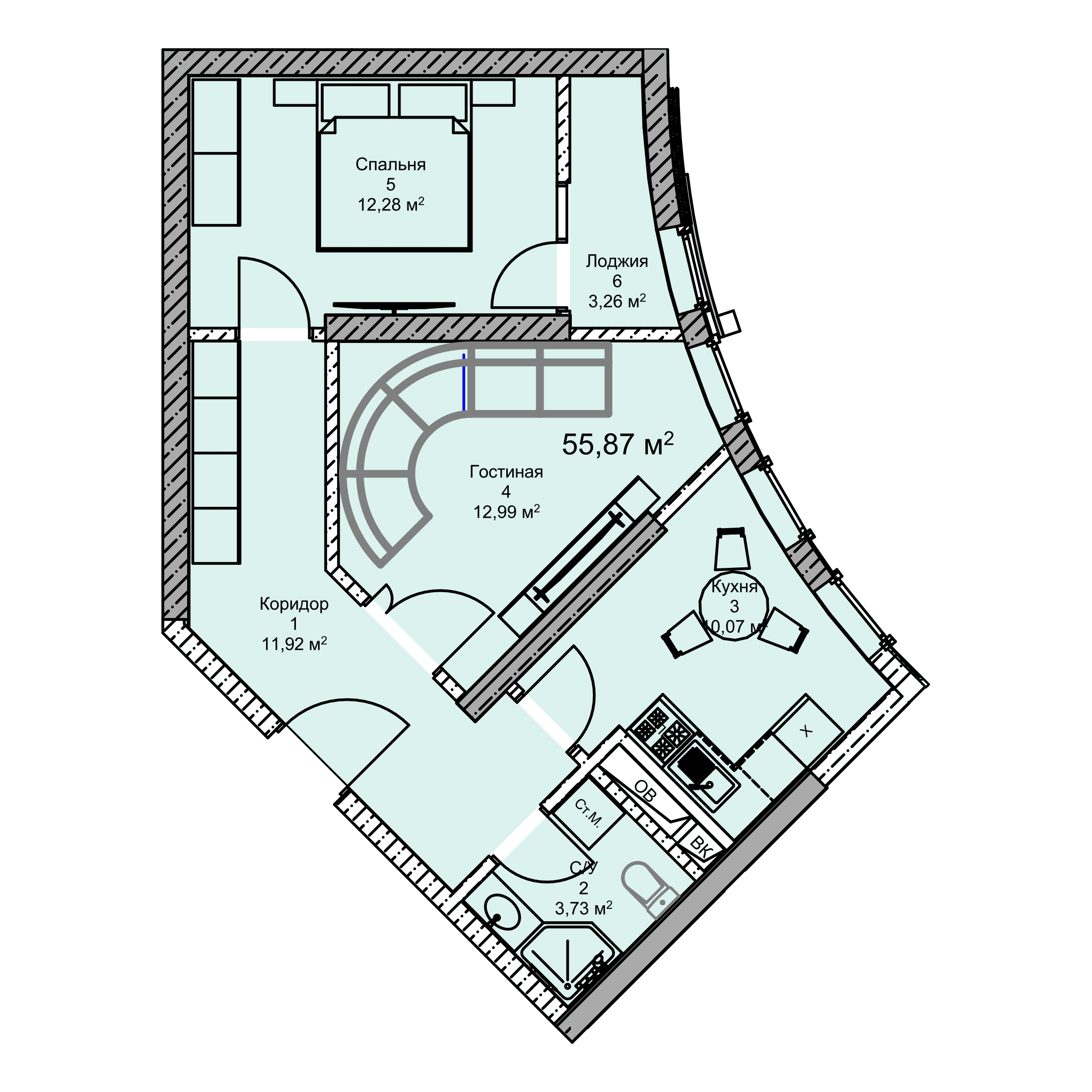 Планировка: Квартира · 55,87 м²
