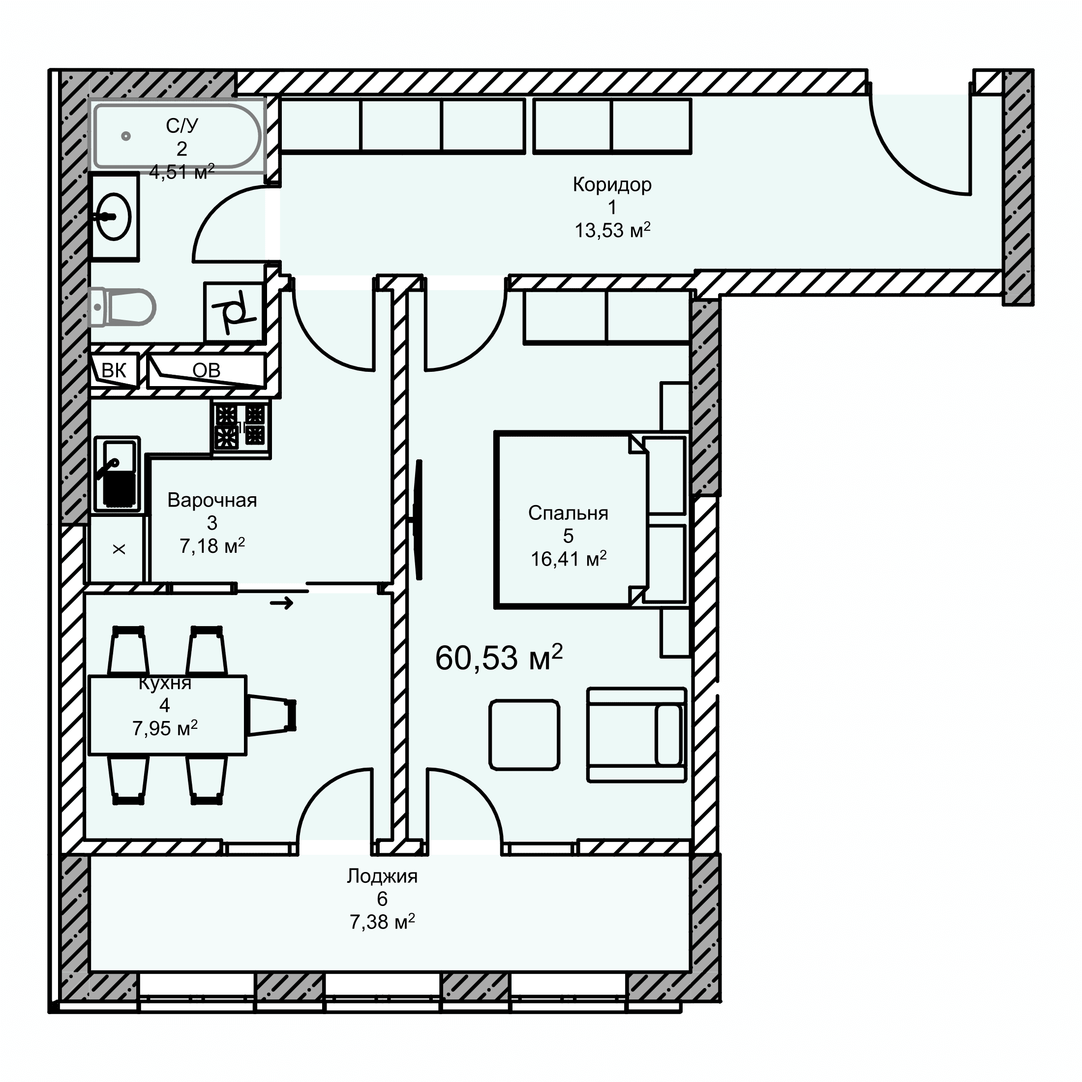 Планировка: Квартира · 60,53 м²