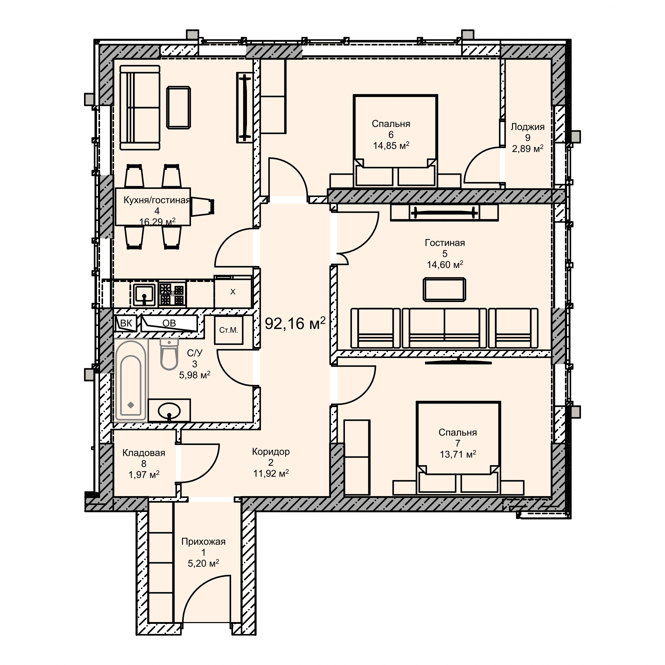 Планировка: Квартира · 92,16 м²