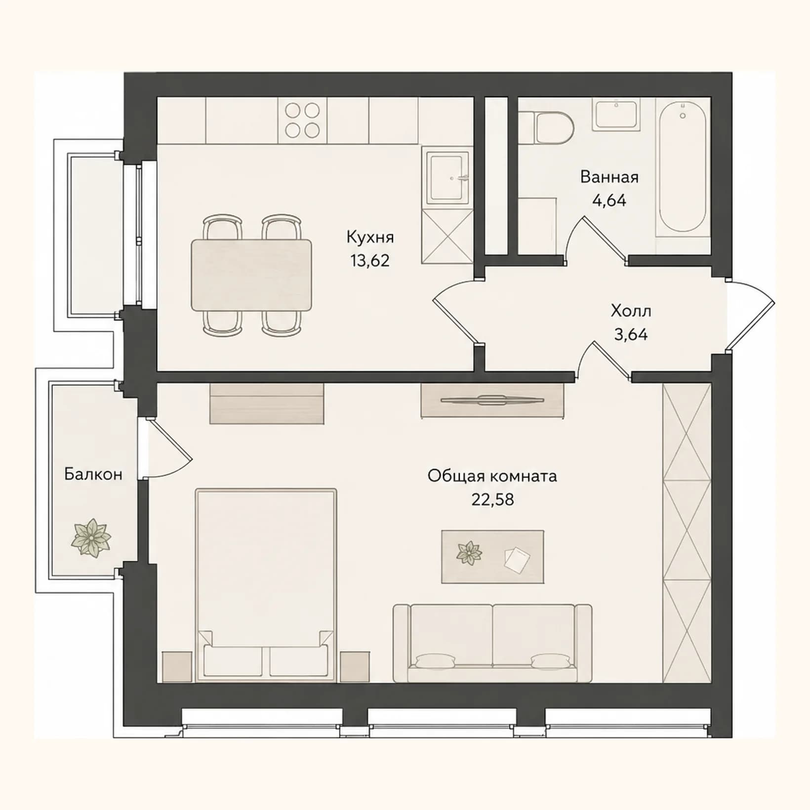 Планировка: План 16 · 44,48 м²