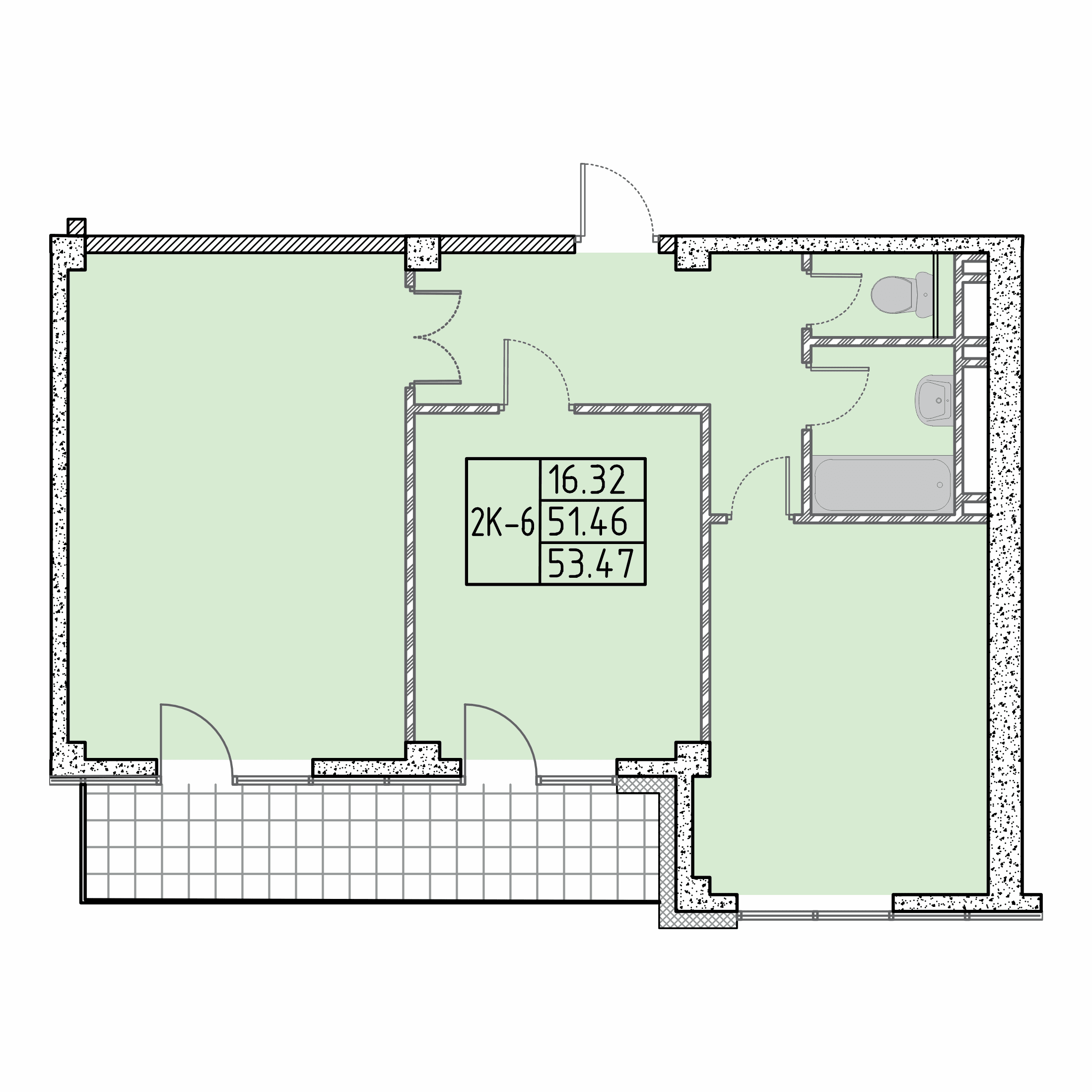 Планировка: 2К-6 · 53,47 м²