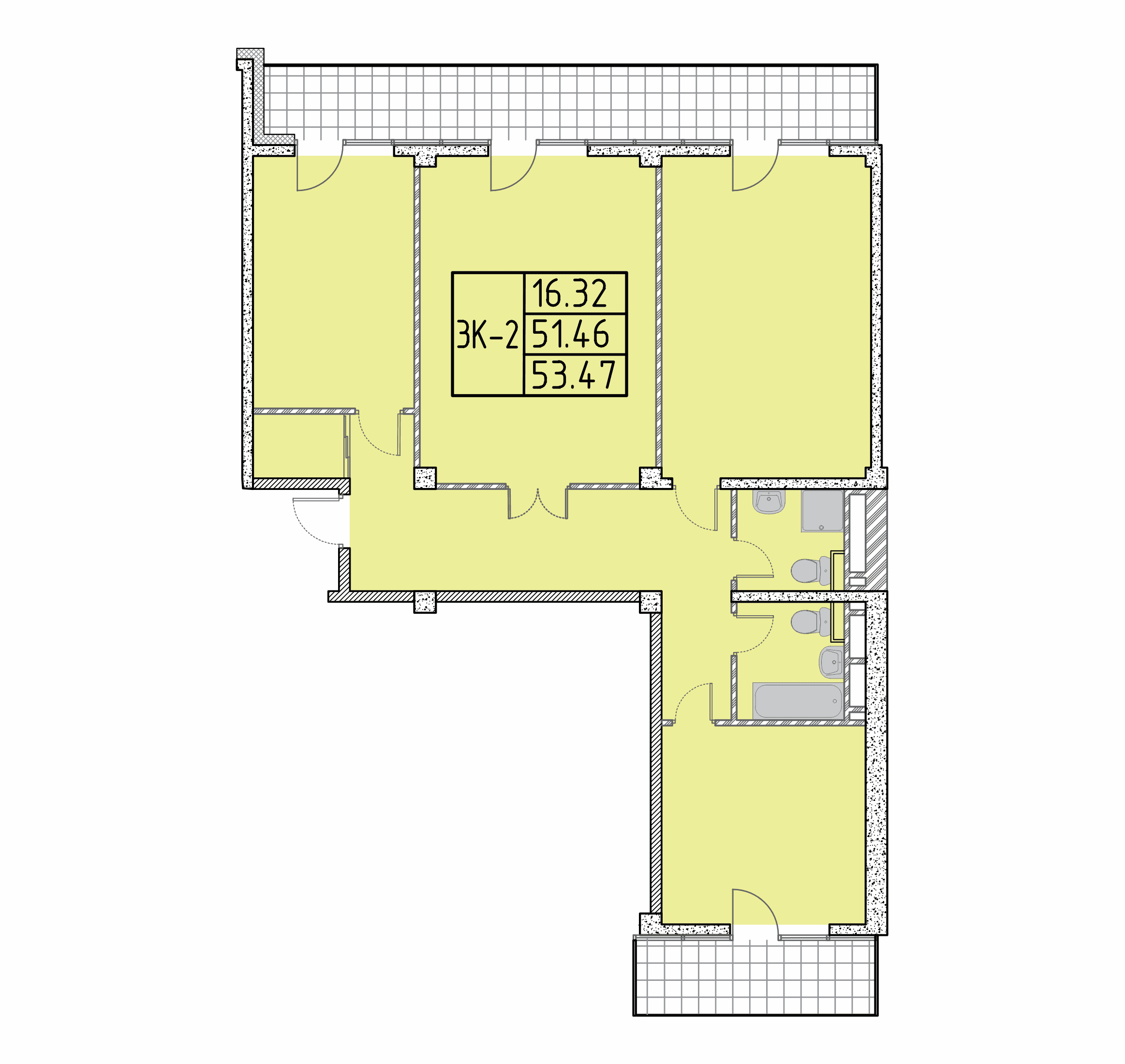 Планировка: 3К-2 · 53,47 м²