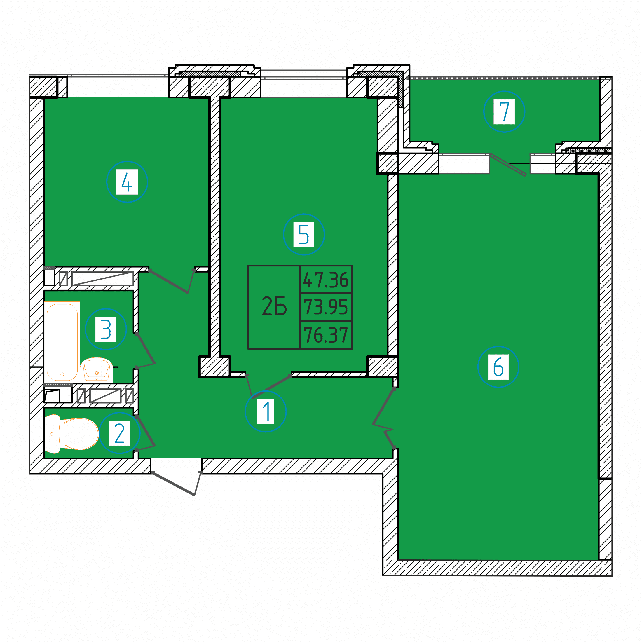 Планировка: 2-комнатная · 76,37 м²
