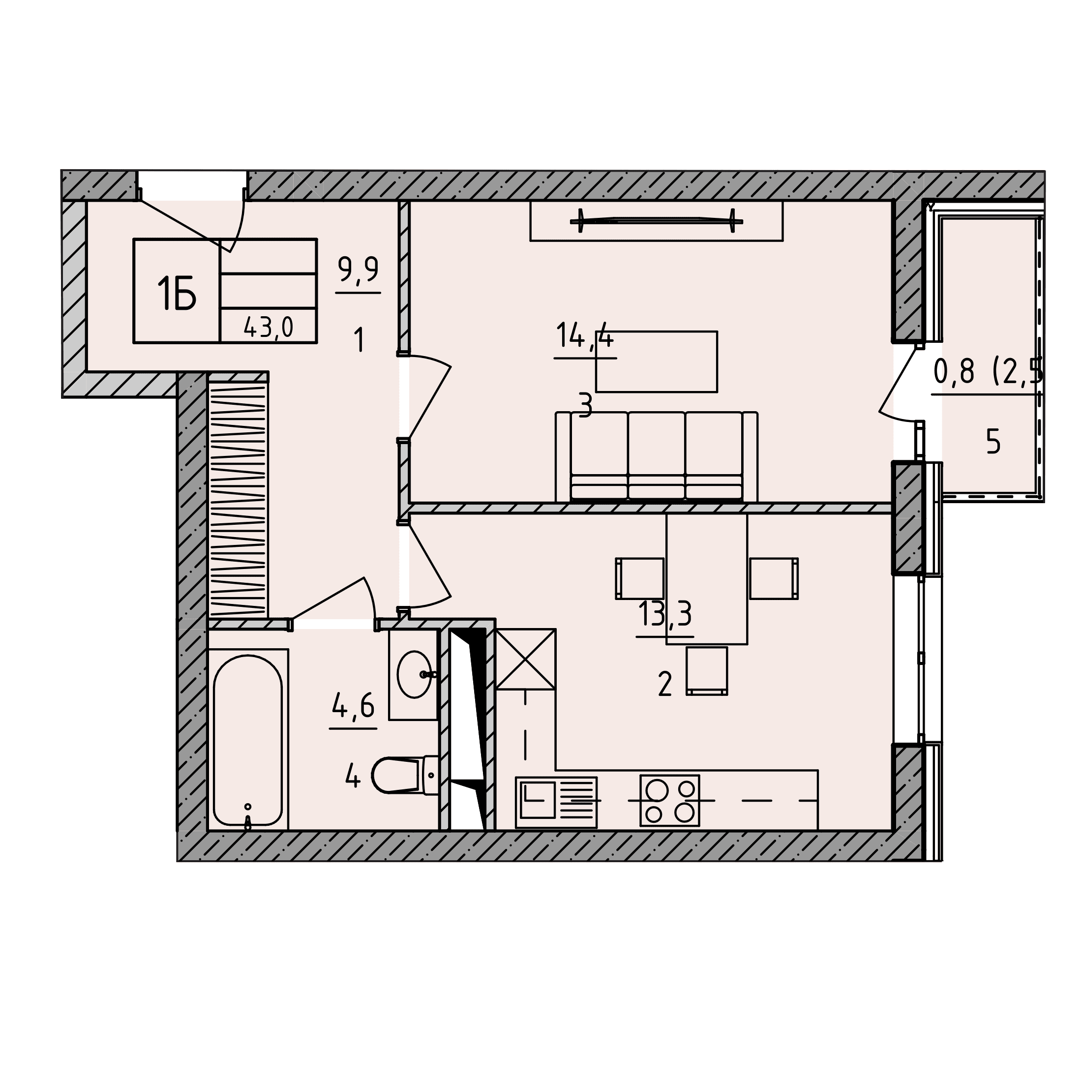 Планировка: 1Б · 43,0 м²