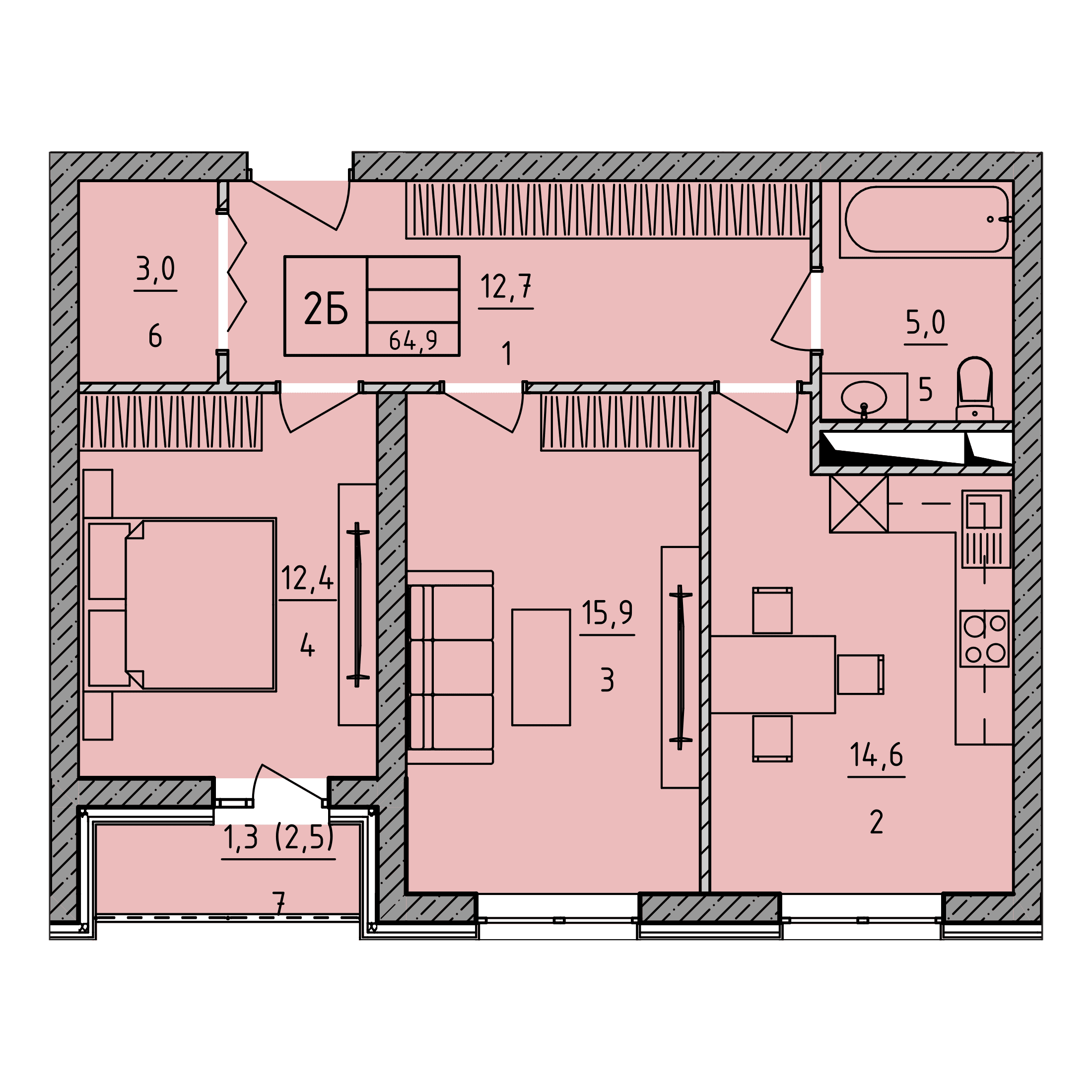 Планировка: 2Б · 64,9 м²