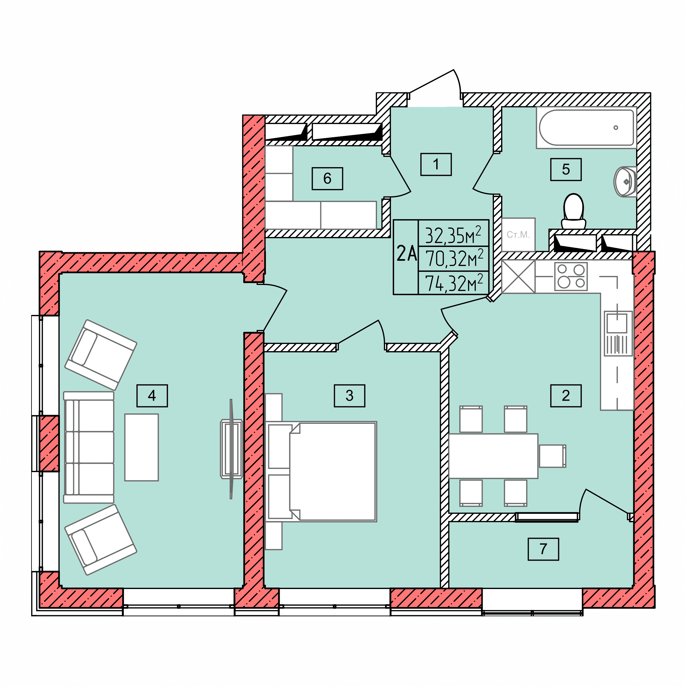 Планировка: 2А · 74,32 м²