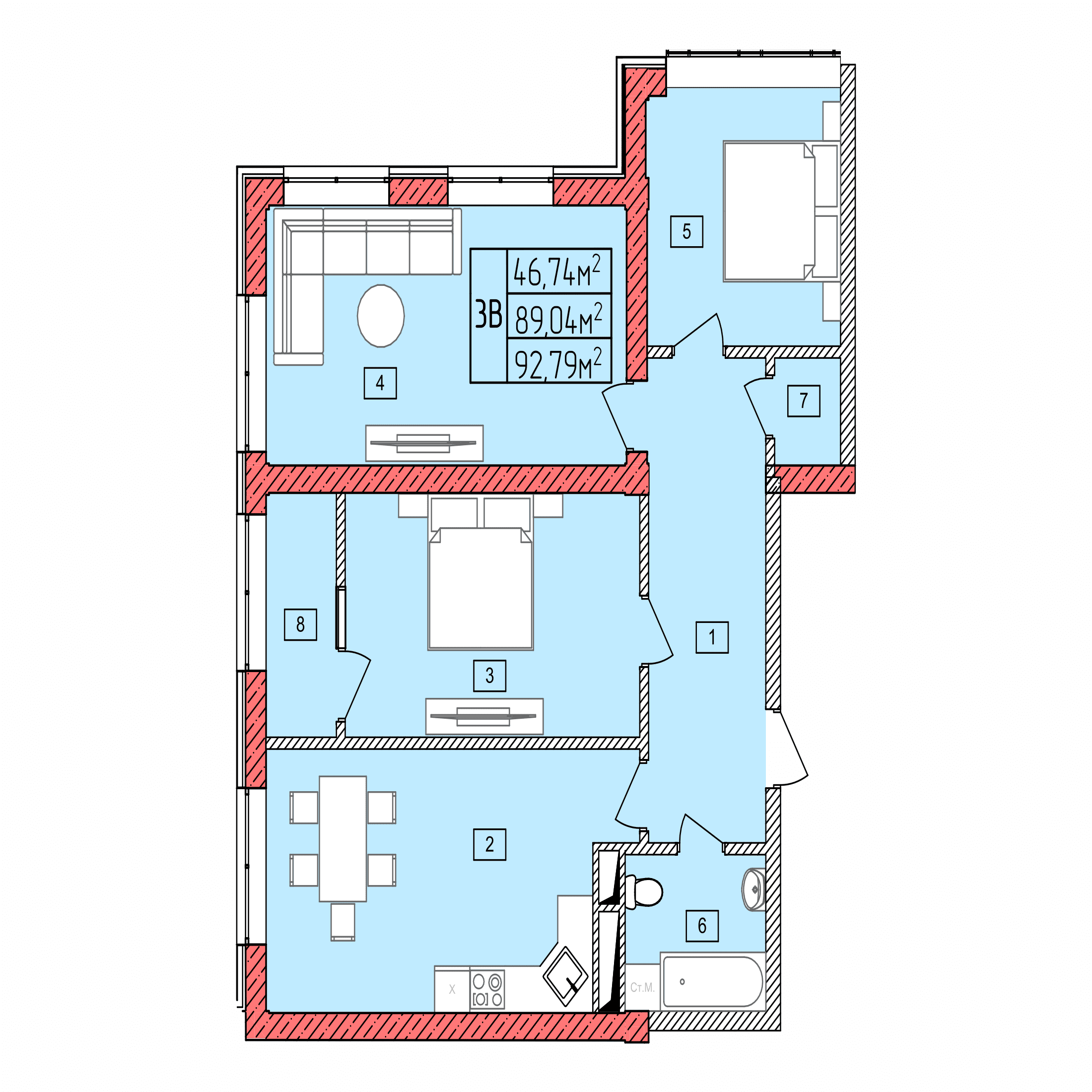 Планировка: 3В · 92,79 м²