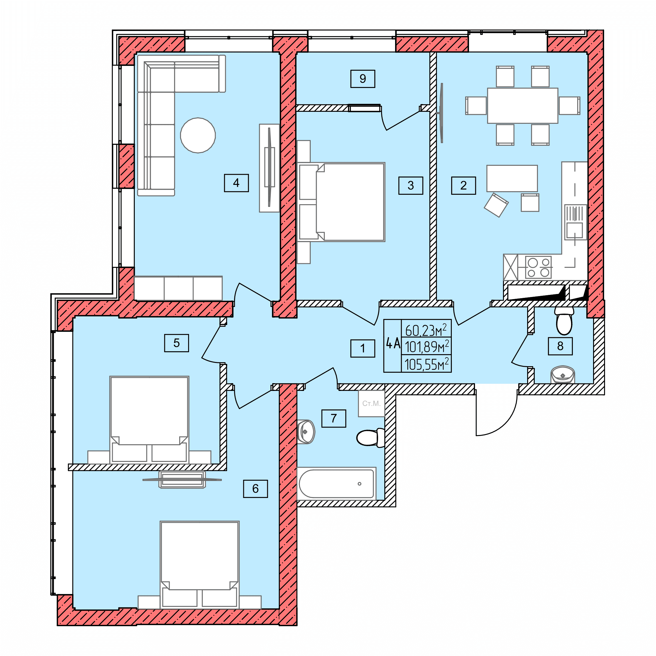 Планировка: 4А · 105,55 м²