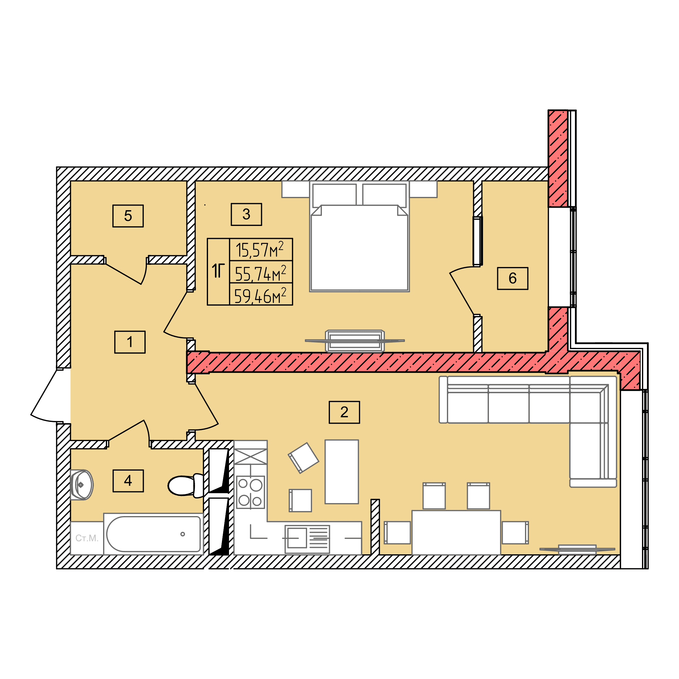Планировка: 1Г · 59,46 м²