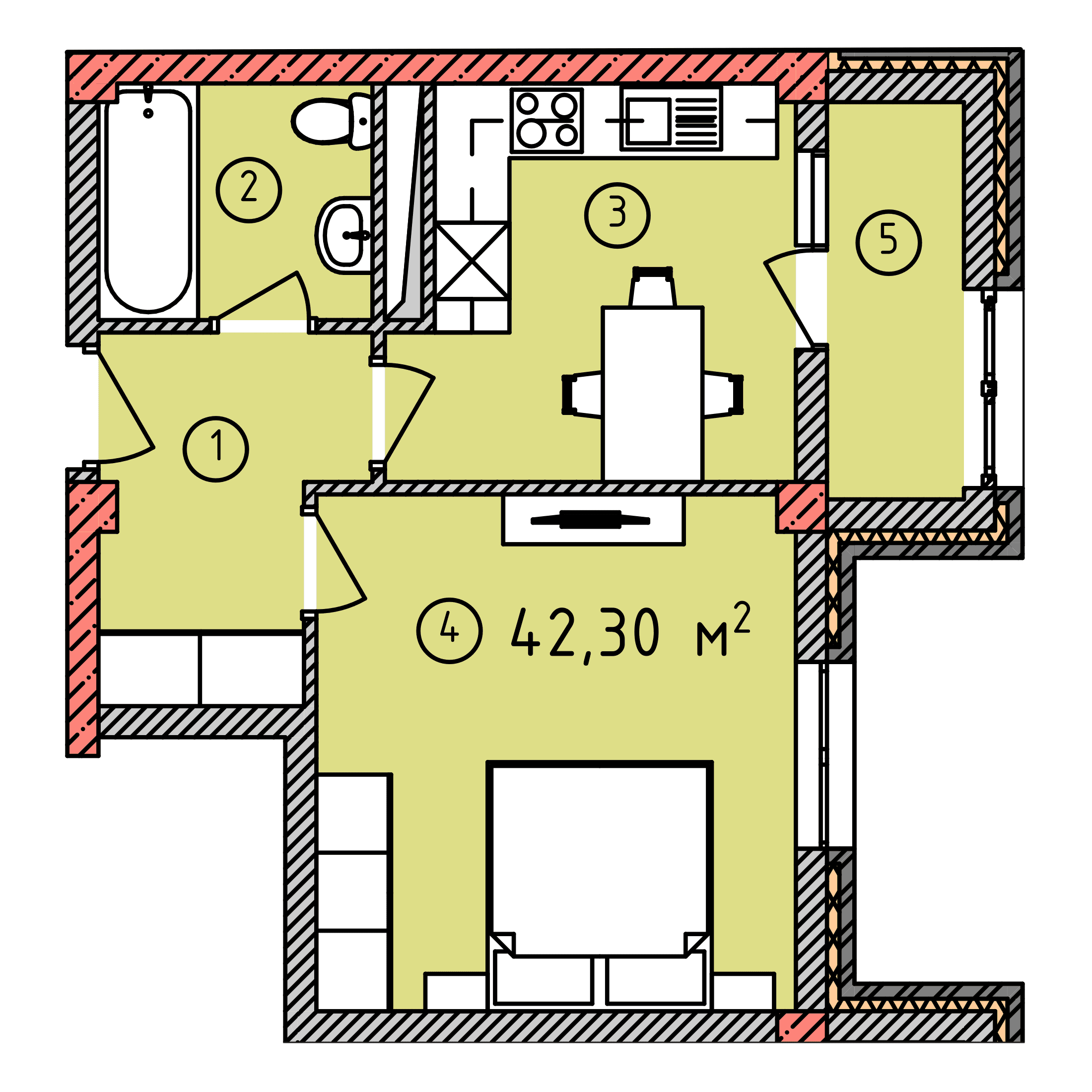 Планировка: 1-комнатная · 42,30 м²