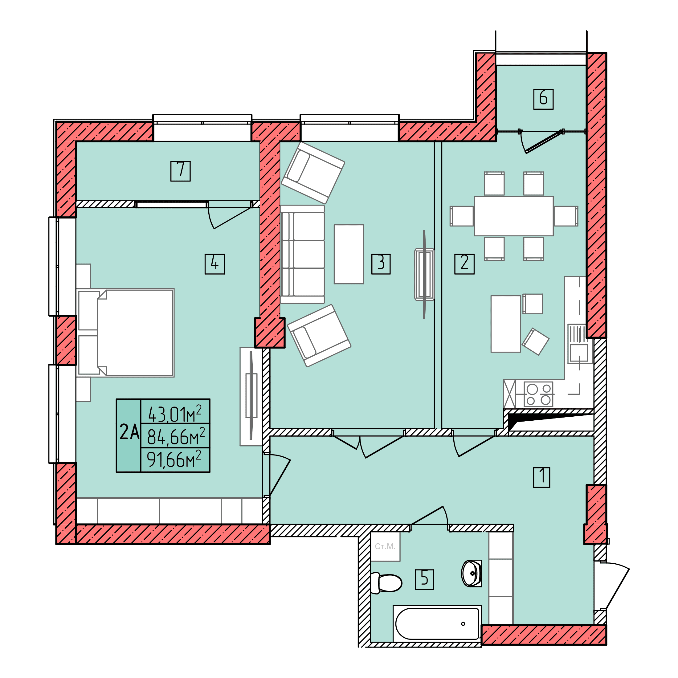 Планировка: 2А · 91,66 м²