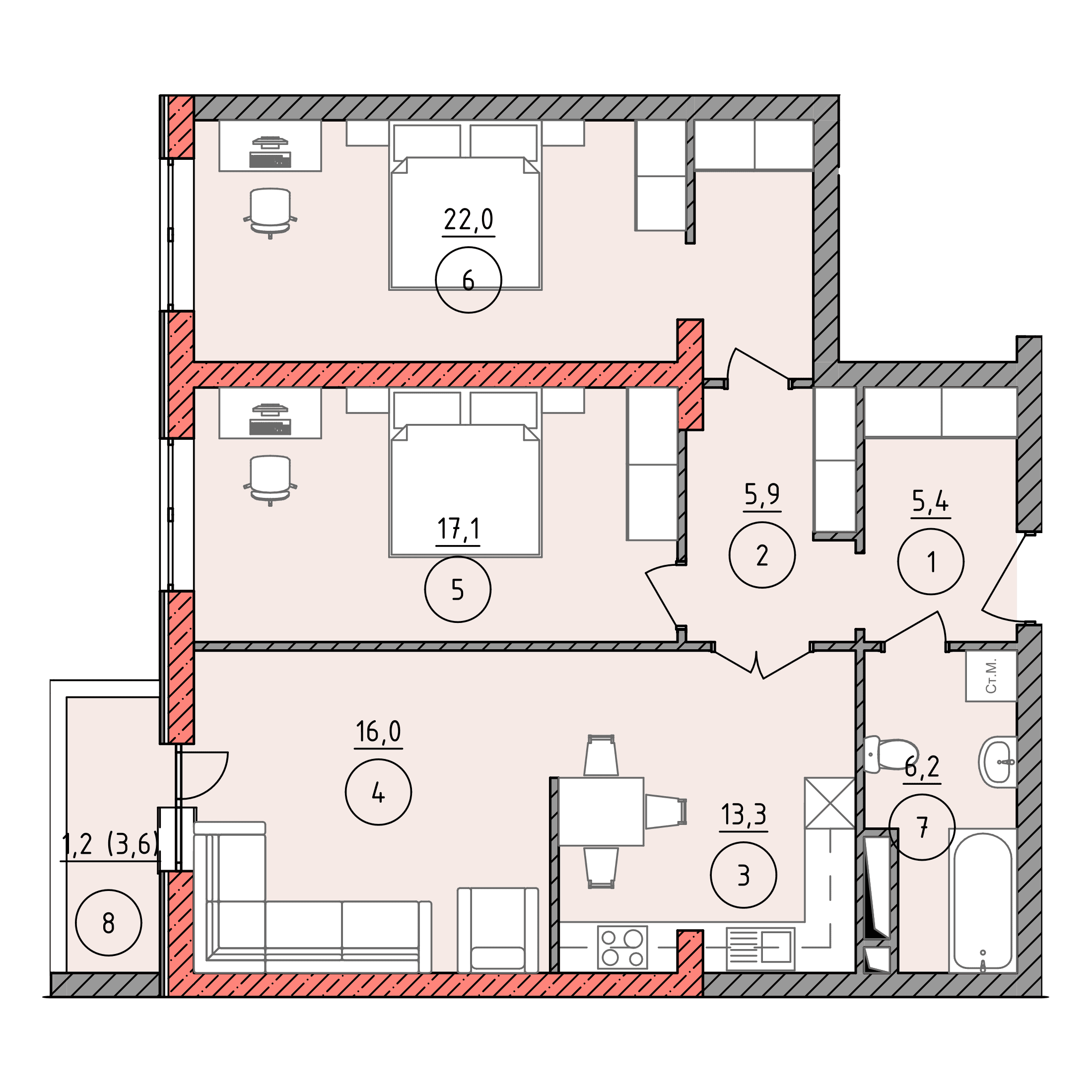 Планировка: 2В · 87,1 м²