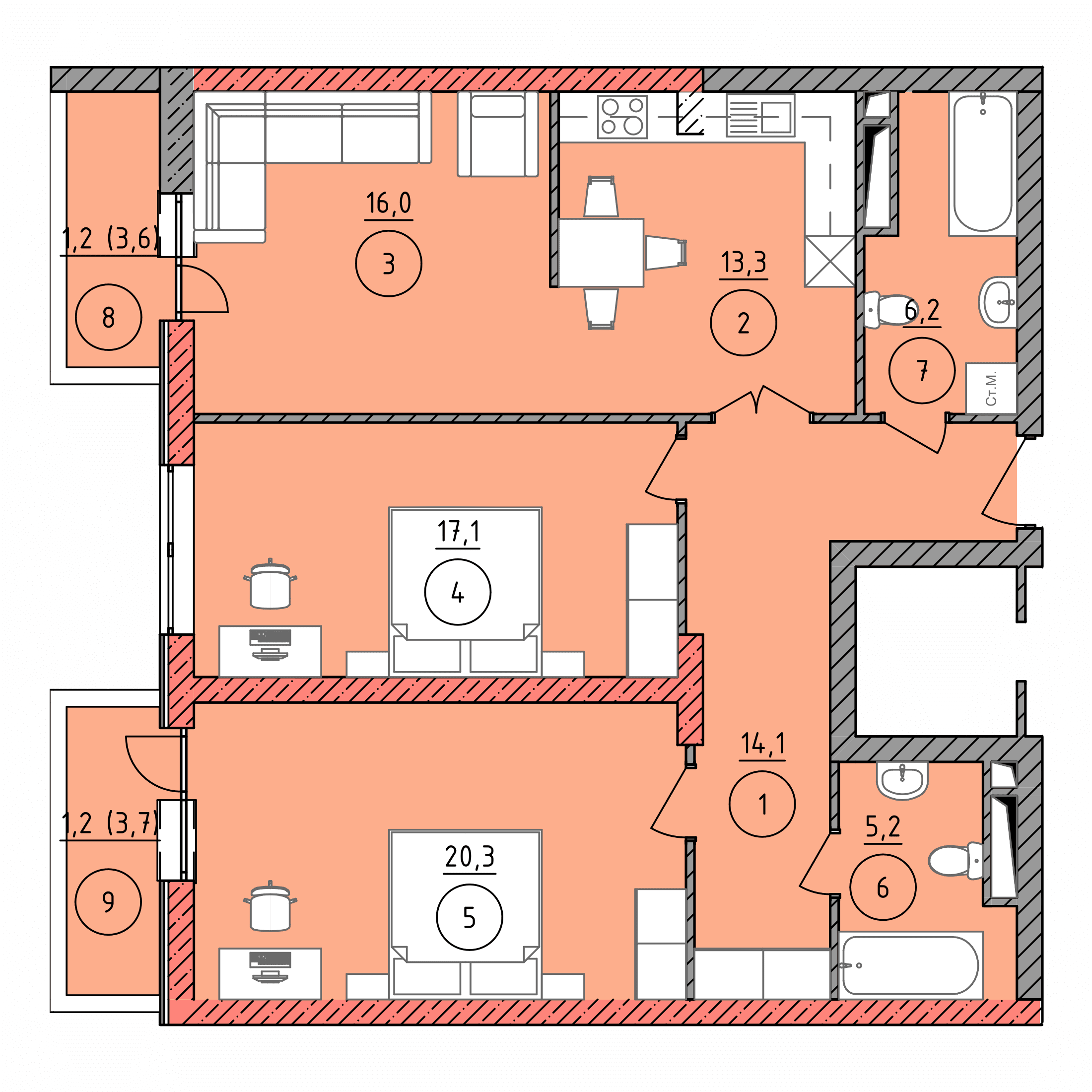 Планировка: 2Б · 94,6 м²
