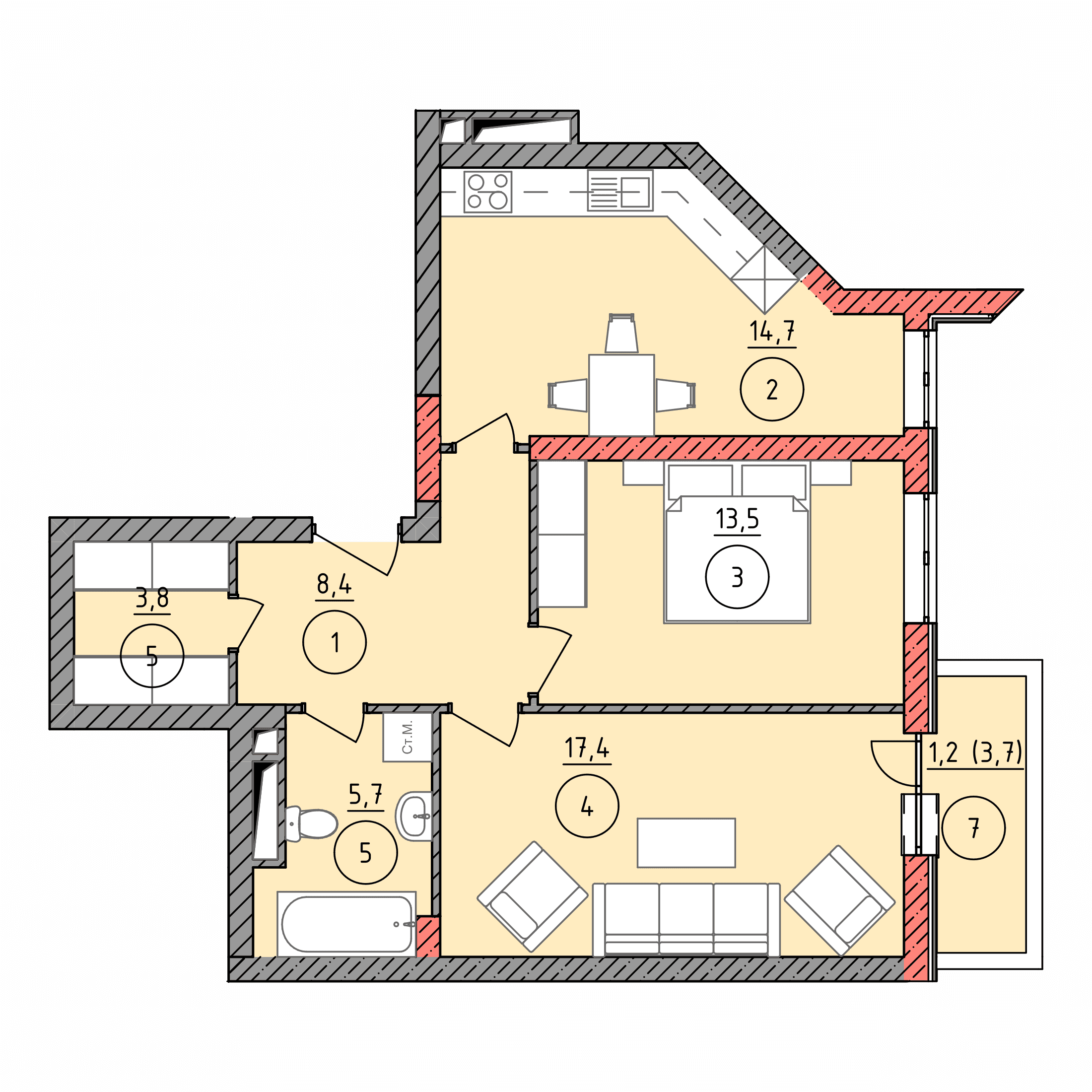 Планировка: 2А · 64,7 м²