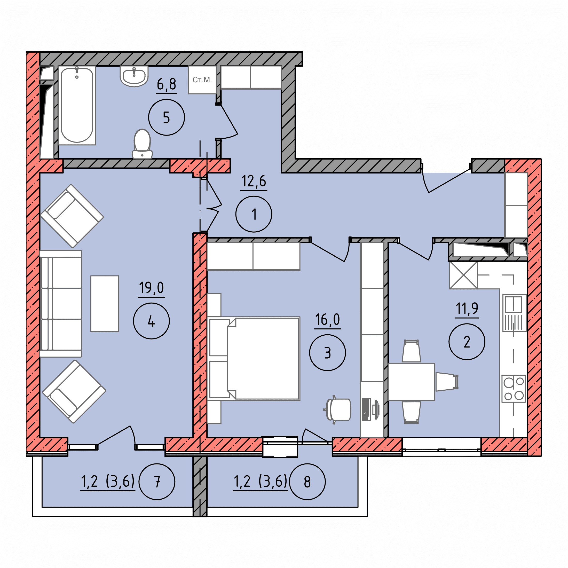 Планировка: 2А–2Б · 68,7 м²