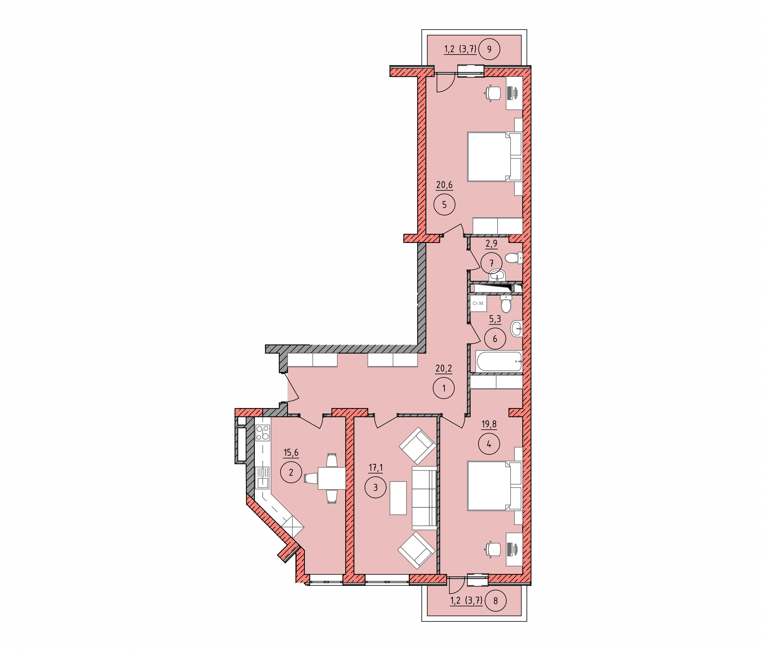 Планировка: 3Б · 103,9 м²