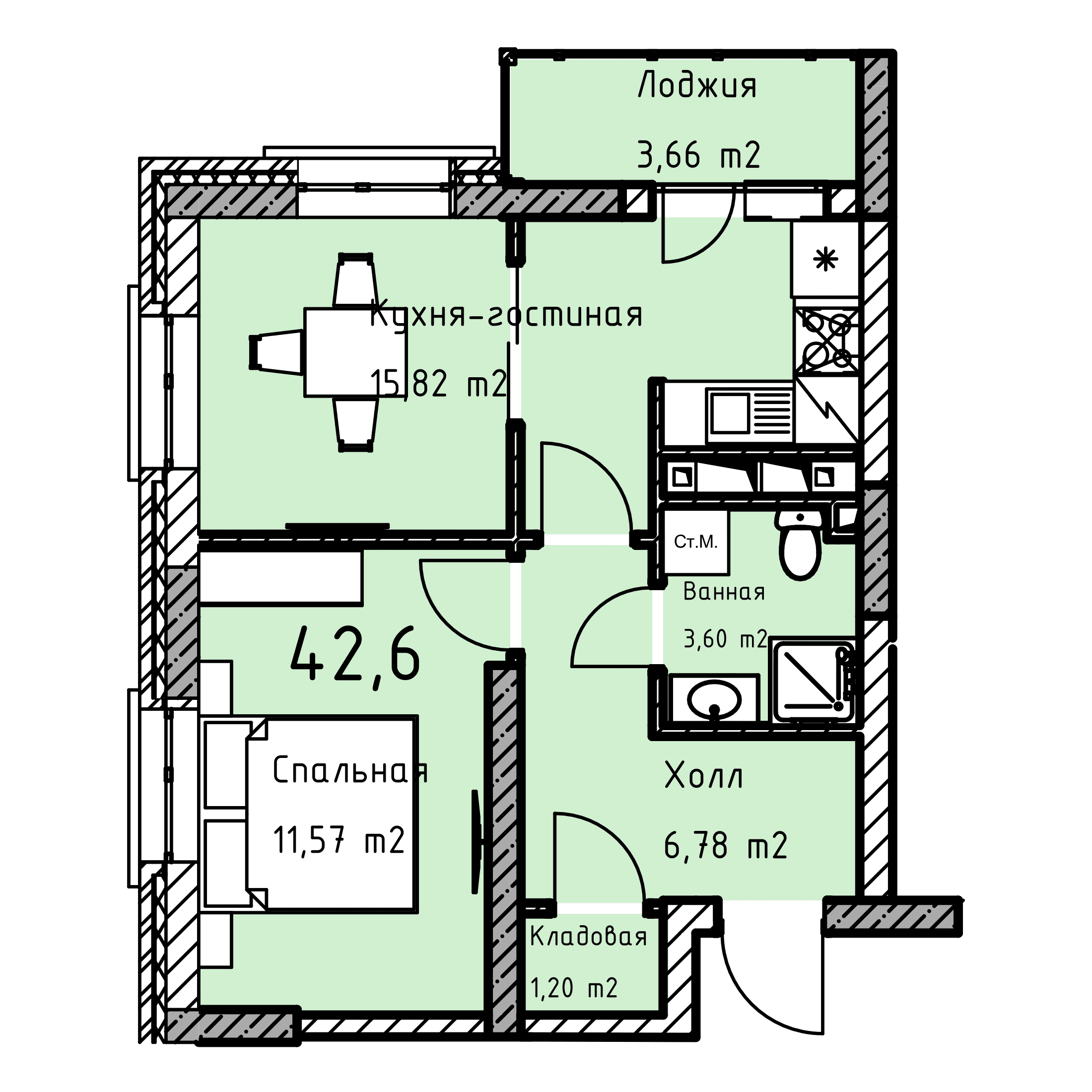Планировка: 1-комнатная · 42,6 м²