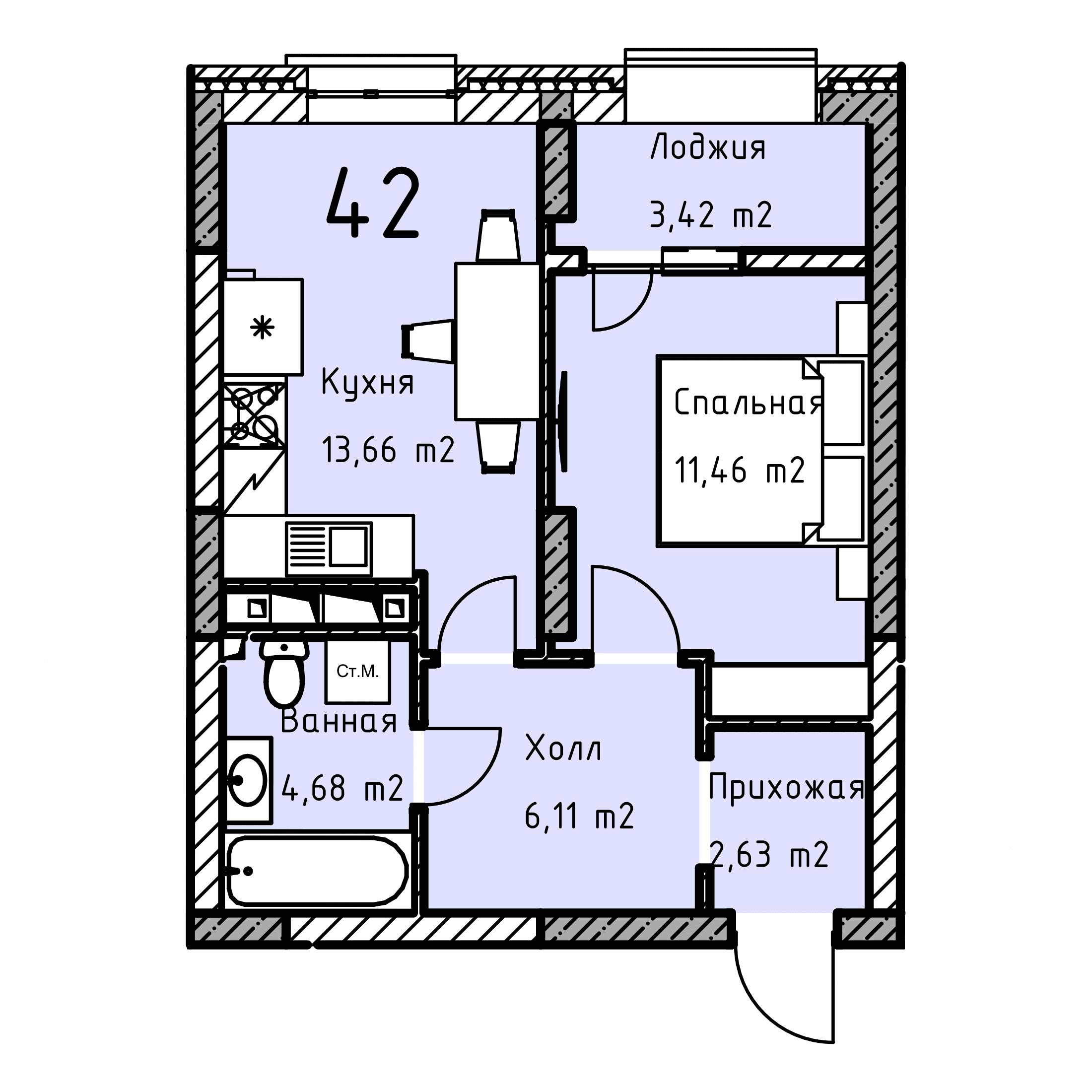 Планировка: 1-комнатная · 42 м²