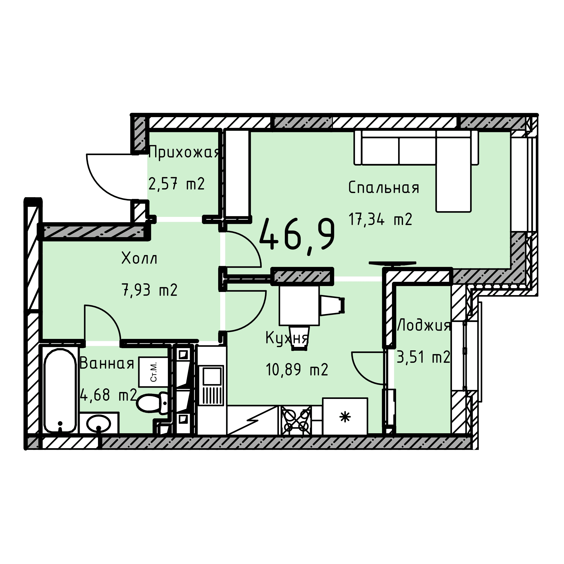 Планировка: 1-комнатная · 46,9 м²