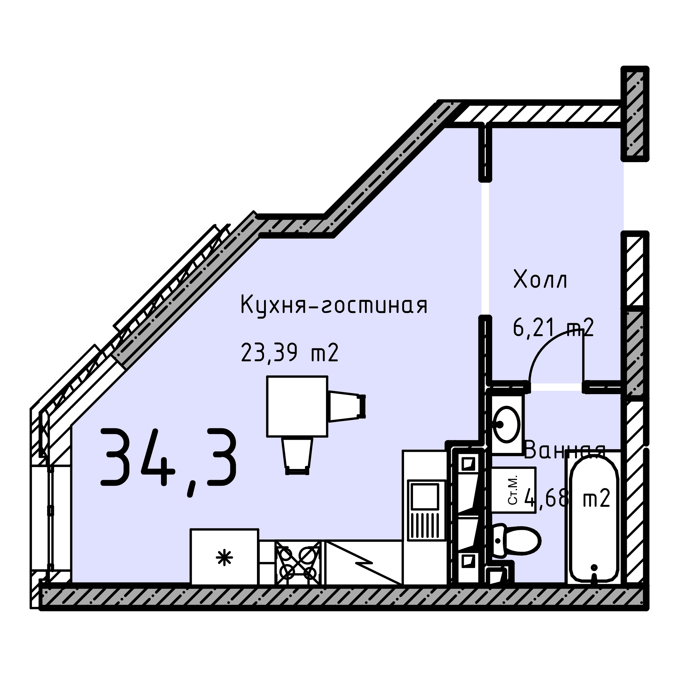 Планировка: Студия · 34,3 м²
