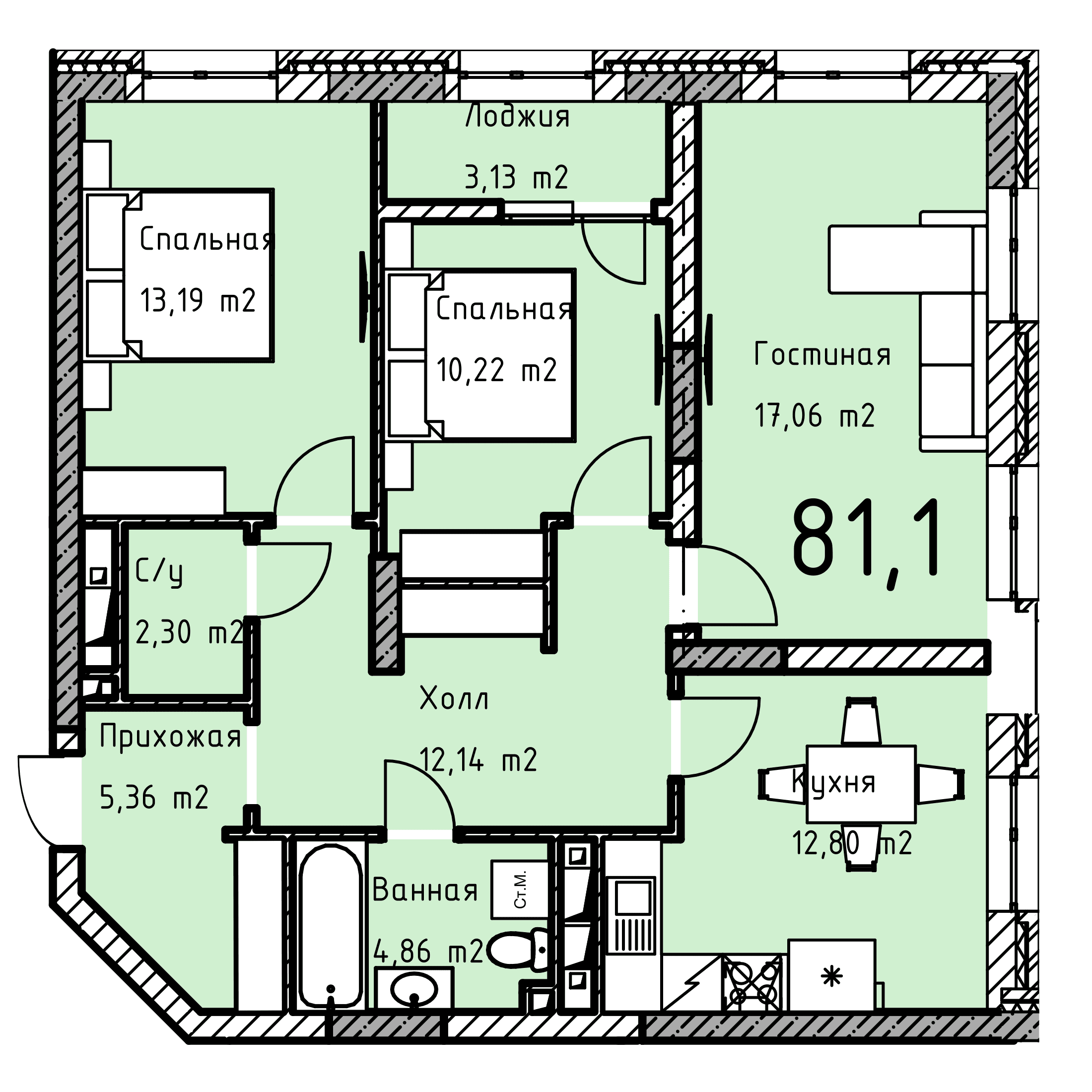 Планировка: 3-комнатная · 81,1 м²