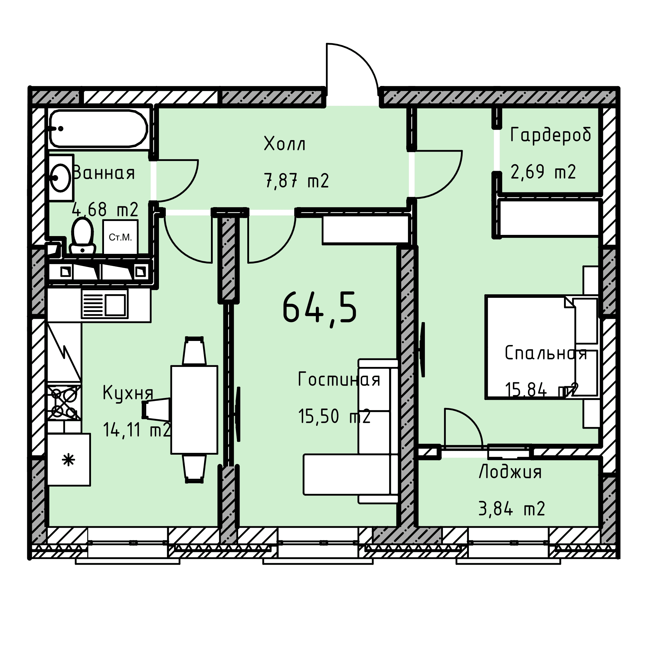 Планировка: 2-комнатная · 64,5 м²